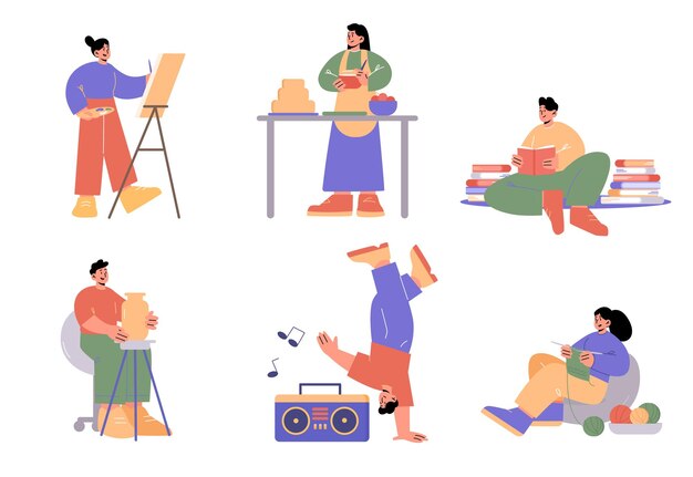 Gente haciendo diferentes pasatiempos pintando cocina cerámica tejiendo danza y leyendo libros Vector ilustración plana de hombres hacen escultura bailarina mujeres dibujando pastel de cocina