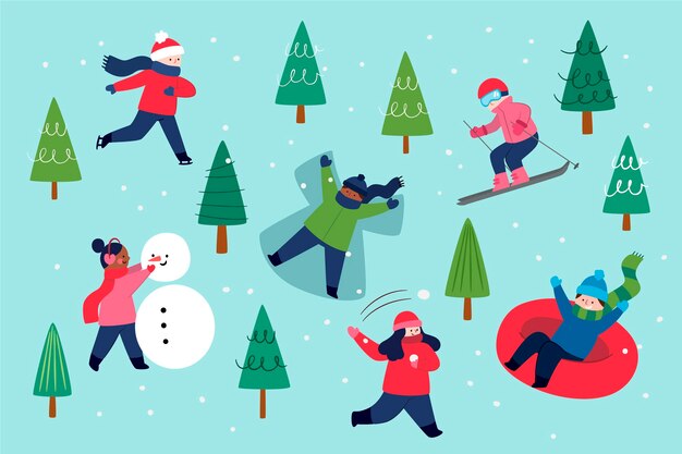 Gente haciendo divertidas actividades de invierno al aire libre.