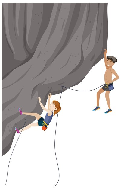 Gente haciendo escalada en roca al aire libre sobre fondo blanco.