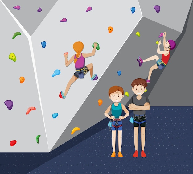 Vector gratuito gente haciendo escalada en roca bajo techo en el gimnasio