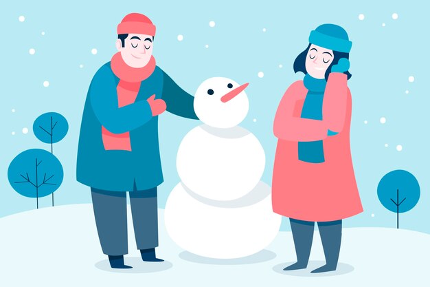 Gente haciendo un muñeco de nieve en invierno.