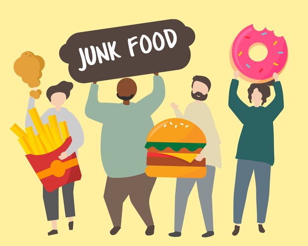 Gente con ilustración de comida chatarra grasa