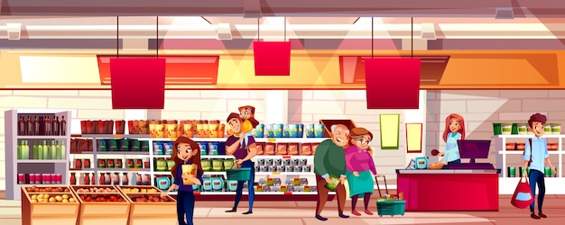 Gente en la ilustración de supermercado o tienda de comestibles. Familia eligiendo productos alimenticios.