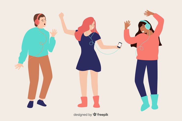 Vector gratuito gente ilustrada escuchando música en sus auriculares