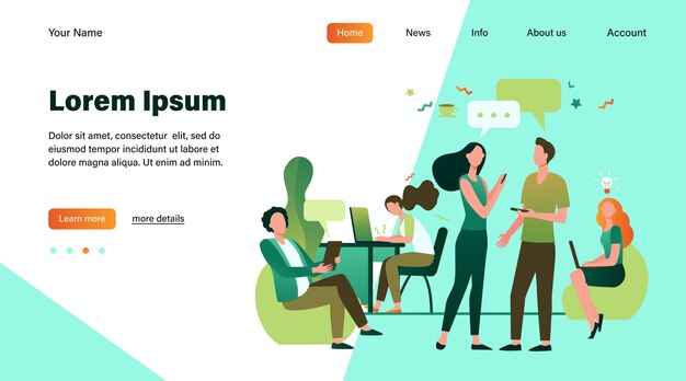 Gente inconformista hablando y usando computadoras en coworking. Reunión de equipo creativo y trabajo en espacios abiertos. Ilustración de vector de lugar de trabajo, trabajo en equipo, concepto de negocio