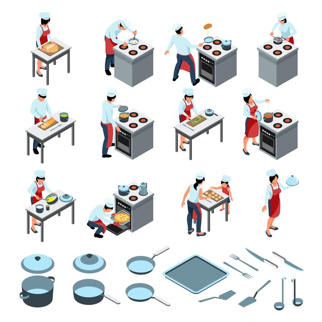 Gente isométrica cocinando juego de cocina con íconos aislados de utensilios de cocina y personajes humanos usando ilustraciones vectoriales uniformes de cocineros