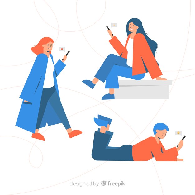 Gente joven dibujada a mano sujetando smartphones