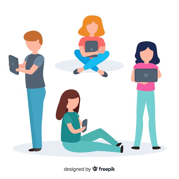 Gente joven dibujada a mano usando dispositivos tecnológicos