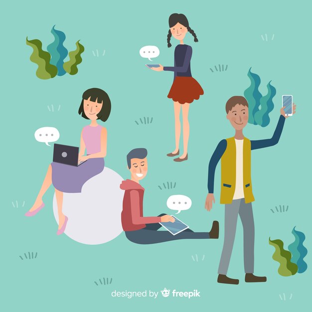 Gente joven dibujada a mano usando dispositivos tecnológicos