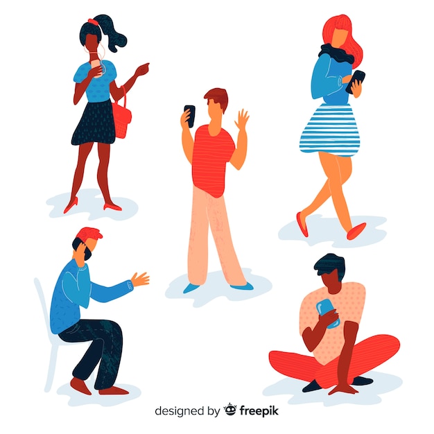 Gente joven dibujada a mano usando smartphones