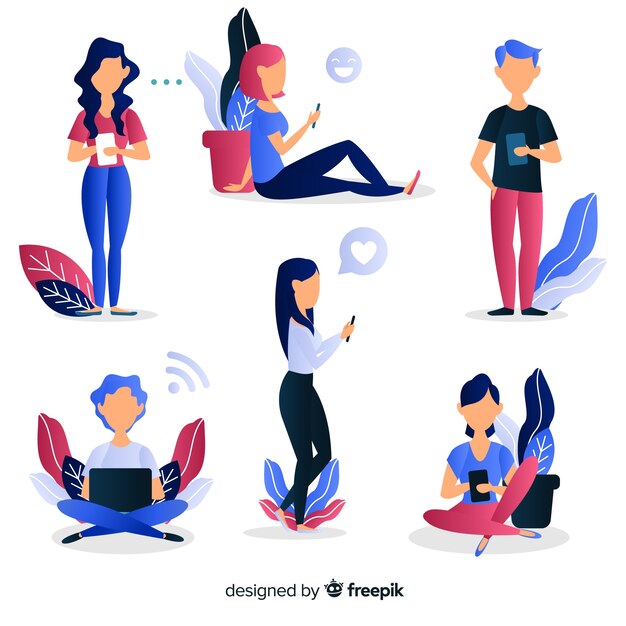 Gente joven utilizando dispositivos tecnológicos. varios diseños de personajes