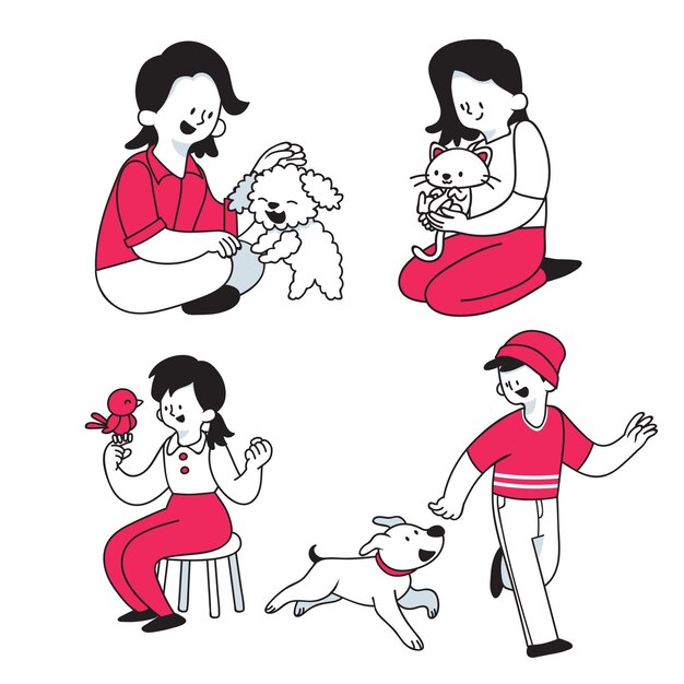 Gente jugando con sus mascotas ilustración