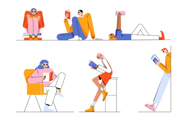 La gente lee libros en diferentes poses.