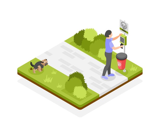 La gente limpia después del concepto isométrico de su perro con el dueño responsable de la mascota tomando una bolsa para recoger la ilustración del vector de caca