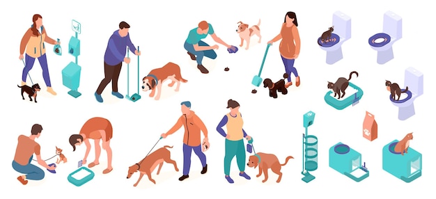 Vector gratuito gente limpiando caca de mascotas con símbolos de caminata ilustración vectorial aislada isométrica