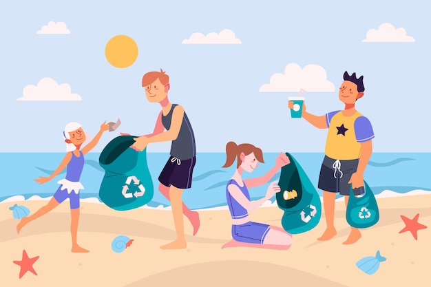 Gente limpiando playa de basura