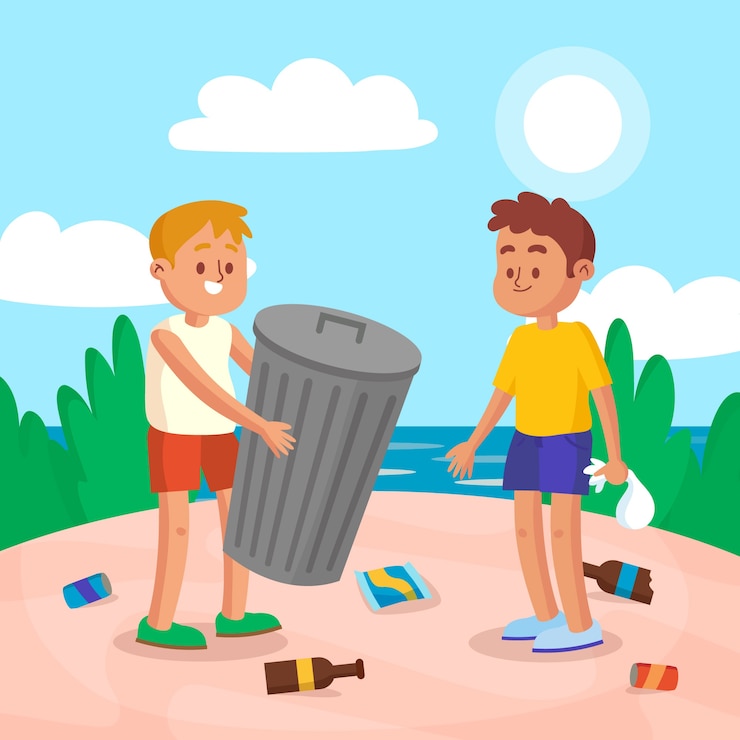 Vector gratuito gente limpiando playa de basura