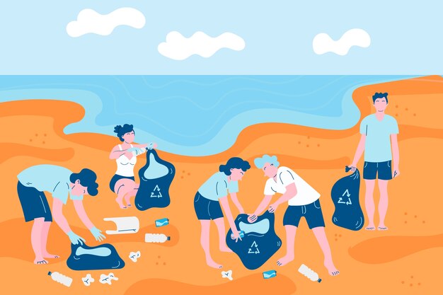 Gente limpiando la playa ilustrada