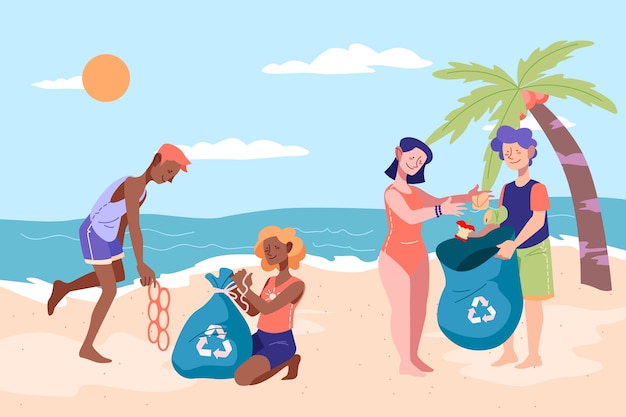 Gente limpiando la playa juntos