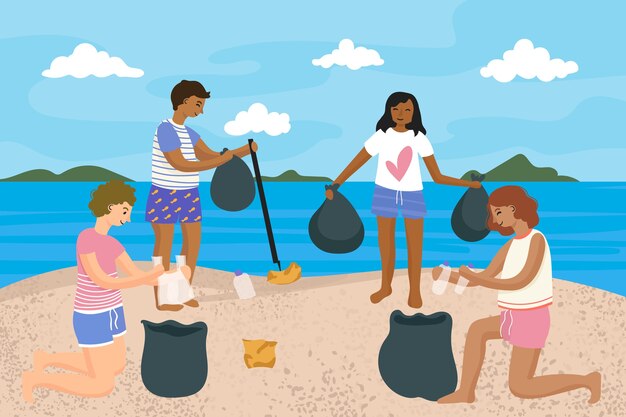 Gente limpiando playa