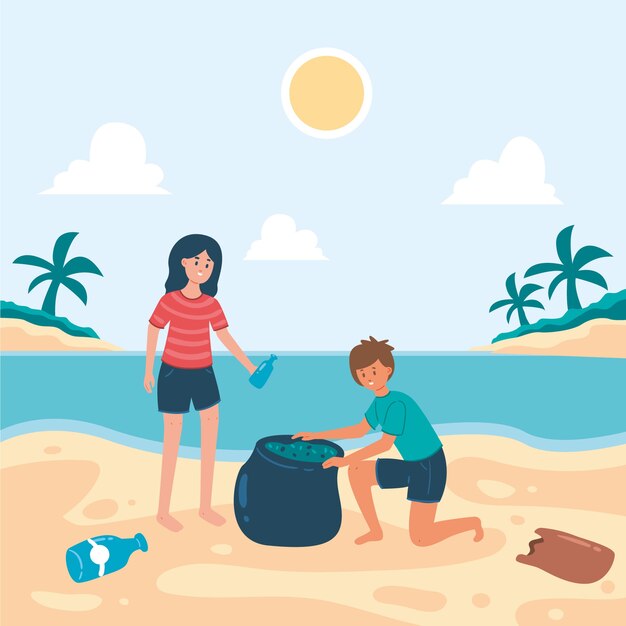 Gente limpiando playa