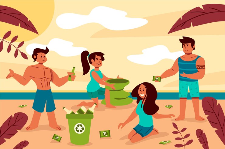 Vector gratuito gente limpiando playa
