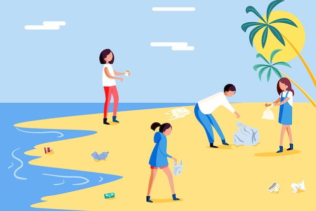 Gente limpiando playa