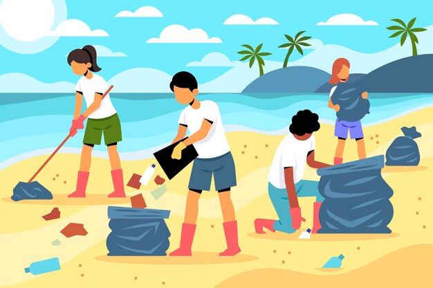 Gente limpiando playas a la luz del día