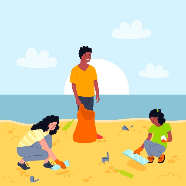 Gente, limpieza, playa, ilustración