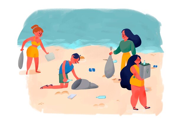 Gente, limpieza, playa, ilustración