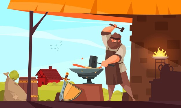 Gente medieval herrero composición gran hombre musculoso forja objeto de hierro en la herrería