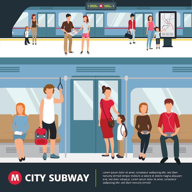 Vector gratuito gente en el metro de la ciudad dentro del tren y esperando en la estación de ilustración vectorial plana