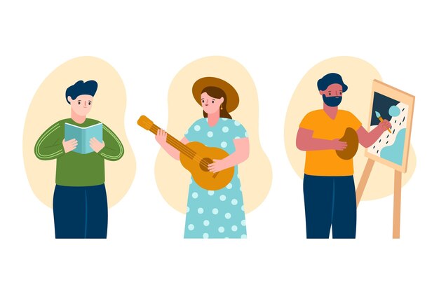 Gente moderna haciendo actividades culturales.
