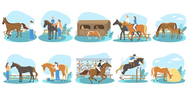 Gente montando a caballo cuidando caballos corriendo en carrera plana conjunto aislado ilustración vectorial