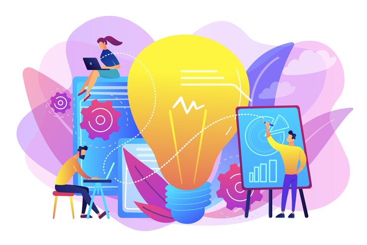 Vector gratuito gente de negocios analizando y bombilla. inteligencia competitiva y concepto de análisis de entorno, información y mercado