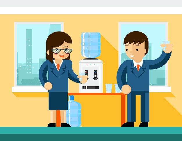 Gente de negocios cerca del enfriador de agua. Diseño de oficina, botella y hombre de negocios.