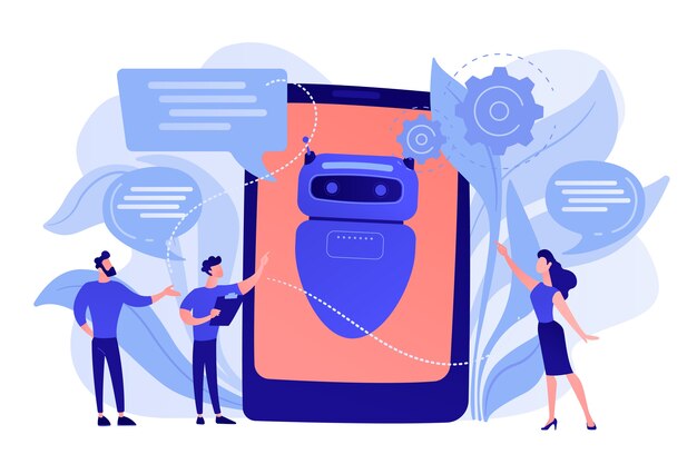 La gente de negocios se comunica con la aplicación chatbot. Inteligencia artificial de chatbot, servicio de talkbots, concepto de soporte de agente interactivo