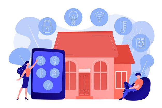 Gente de negocios controlando dispositivos domésticos inteligentes con tableta y computadora portátil. Dispositivos domésticos inteligentes, sistema de automatización del hogar, concepto de mercado de domótica. Ilustración aislada de bluevector coral rosado