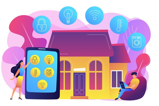 Gente de negocios controlando dispositivos domésticos inteligentes con tableta y computadora portátil. Dispositivos domésticos inteligentes, sistema de automatización del hogar, concepto de mercado de domótica. Ilustración aislada violeta vibrante brillante