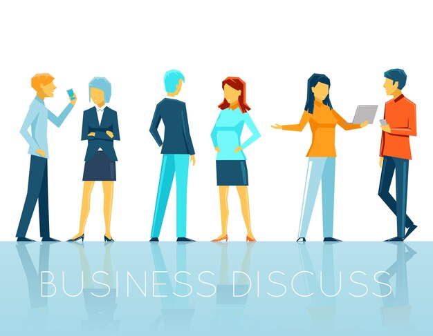 Gente de negocios discutiendo. Trabajo en equipo y persona, conversación y charla, ilustración vectorial