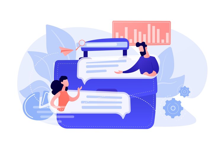 Vector gratuito gente de negocios hablando con bocadillos y maletín. consultoría, asesoramiento de expertos, estrategia empresarial y concepto de soporte sobre fondo blanco.