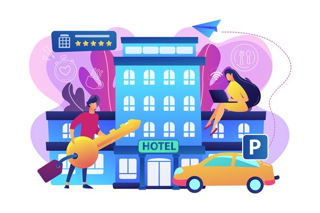 La gente de negocios en el hotel utiliza todos los servicios incluidos, alojamiento e ilustración wifi.