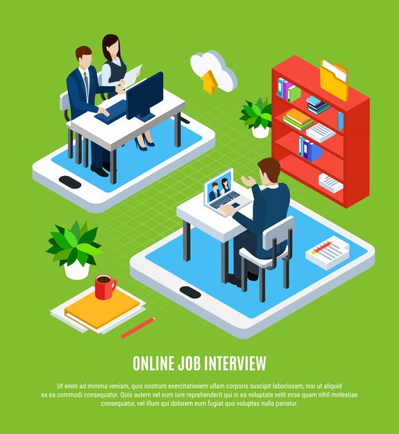 Gente de negocios isométrica con gadgets empleo solicitante y reclutadores ilustración vectorial