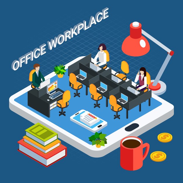 Gente de negocios isométrica con muebles de sala de oficina y empleados en la parte superior de la ilustración de vector de pantalla de tableta