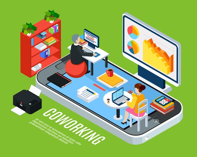 Gente de negocios isométrica con teléfono inteligente y oficina de coworking con muebles de espacio de trabajo y empleados ilustración vectorial