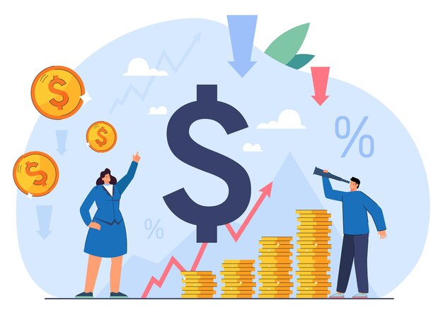 Gente de negocios con montones de monedas y flechas subiendo. Recesión del valor o valor del dinero en el mercado financiero, ilustración de vector plano de aumento de precio. Inflación, concepto de economía para banner.