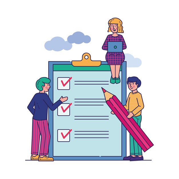 Gente de negocios de pie en el portapapeles con lista de verificación