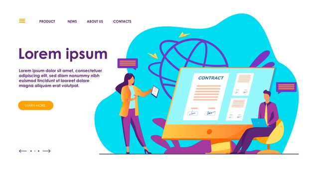 Gente de negocios que firma contrato en línea con ilustración de signo electrónico.