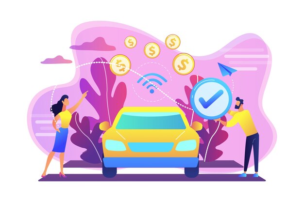 Gente de negocios que paga en vehículo equipado con sistema de pago en el automóvil. En pagos de vehículos, tecnología de pago en el automóvil, concepto moderno de servicios minoristas. Ilustración aislada violeta vibrante brillante