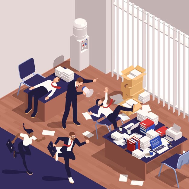 Gente de oficina en composición isométrica de estrés con hombres agotados en lugares de trabajo ilustración vectorial